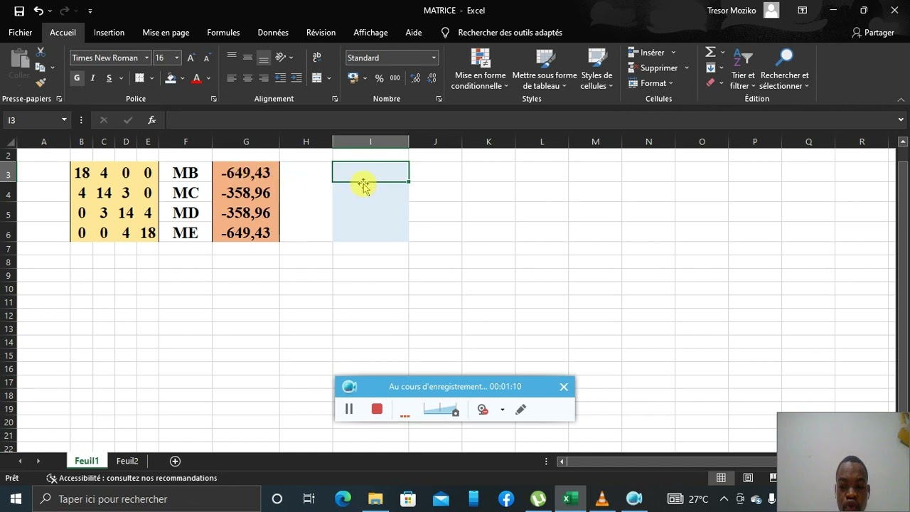 Tutoriel de calcul d'une matrice sur Excel
