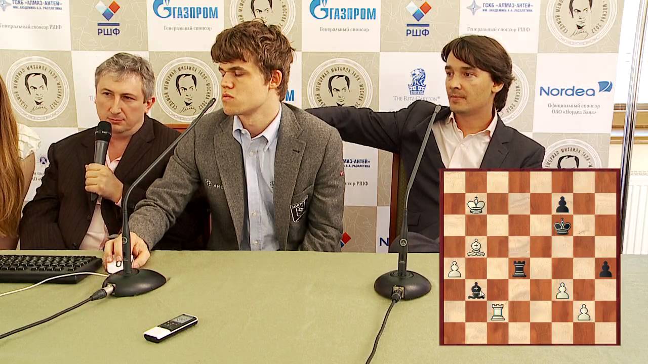 Tal Memorial 2012. Round 2. Magnus Carlsen and Alexander Morozevich commenting on their game