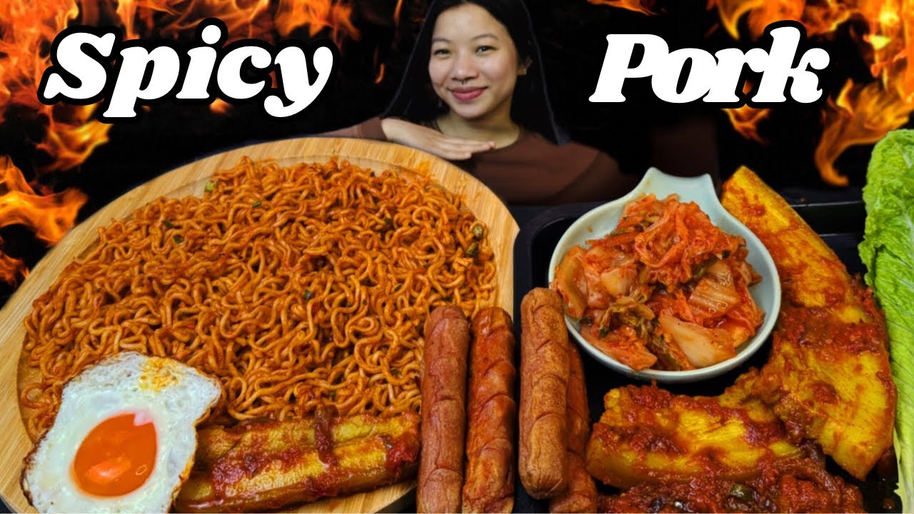 Острая свинина / Лапша 3X / Колбаса / Яйцо и кимчи #yanieats #mukbang #mukbanginternational