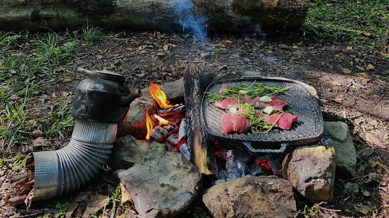 Cooking Steak, Mushroom Sauce & Mashed Potatoes by a Jungle Stream | ASMR Cooking Outdoors 🥩🔥🌿