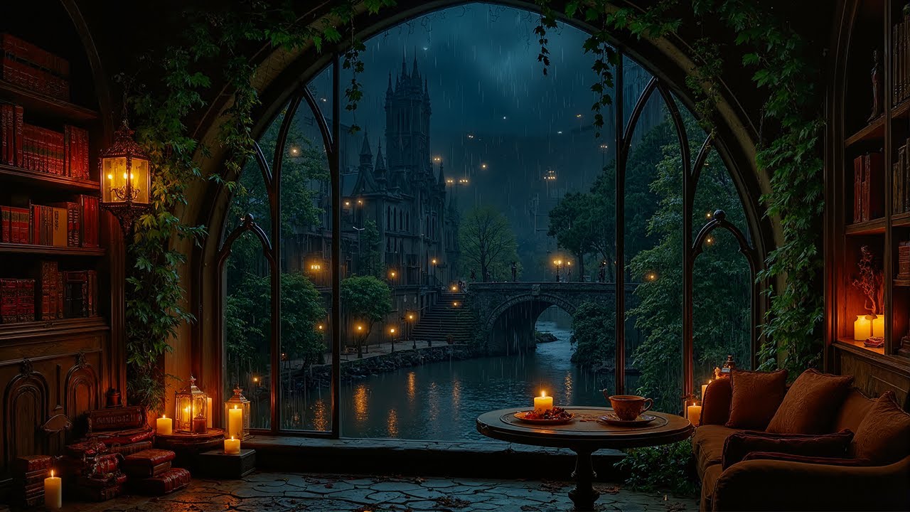 Stranded in an Old Library with Overlooking Rainy Castle | Dark Academia Ambience for Reading & Rest