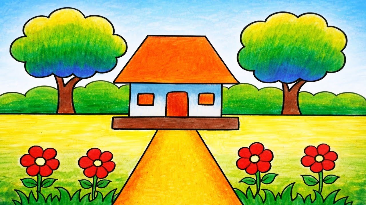 Very Easy House Scenery Drawing || How to Draw Scenery Step by Step 