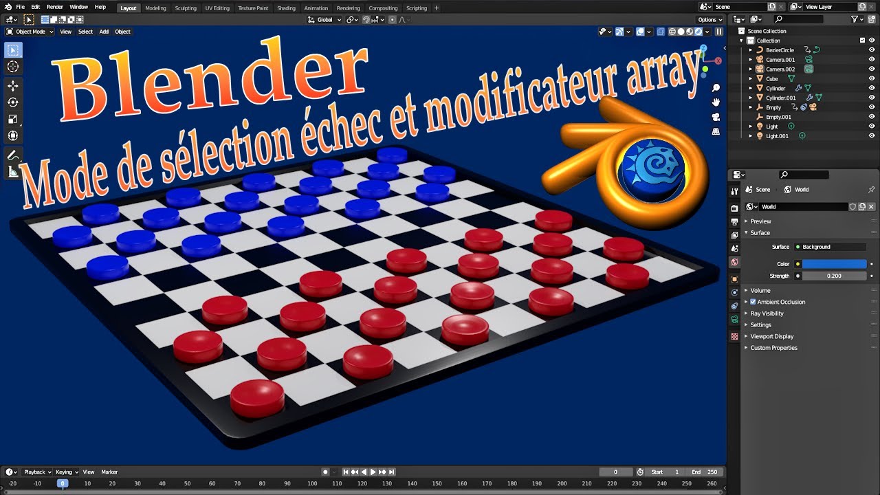 #16. Blender jeu de dames avec mode de selection echec et modificateur array. Tuto en français.