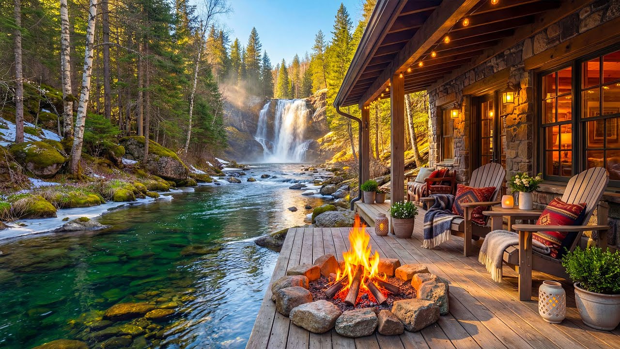 Cozy Riverside Cabin Porch Ambience 🌿🔥 Gentle Campfire, Birdsong & Calm Nature Sounds for Study