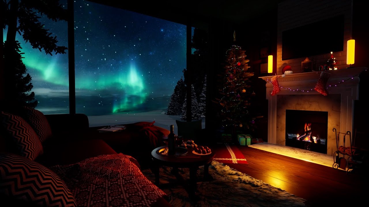 8 Hours of Christmas Fireplace & Northern Lights 🎄❄️ Cozy Holiday Ambience