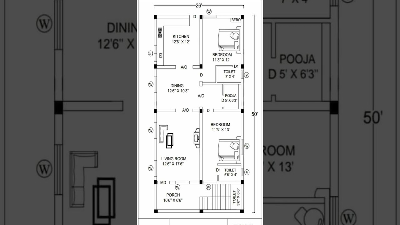 26' x 50' ground floor design | 2d 2bhk home plan | 1300 sqft home design | north facing house plan