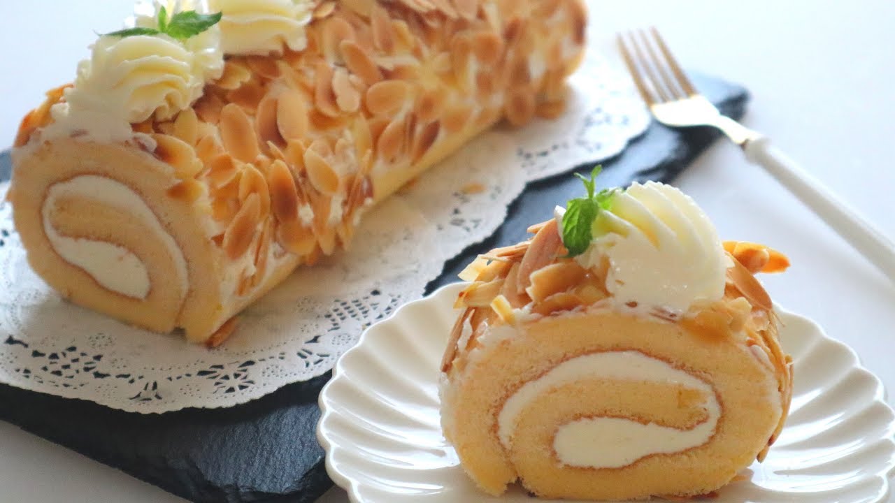 最好吃的杏仁咸奶油蛋糕卷食谱/The best salty buttercream  Almond Roll Cake Recipe