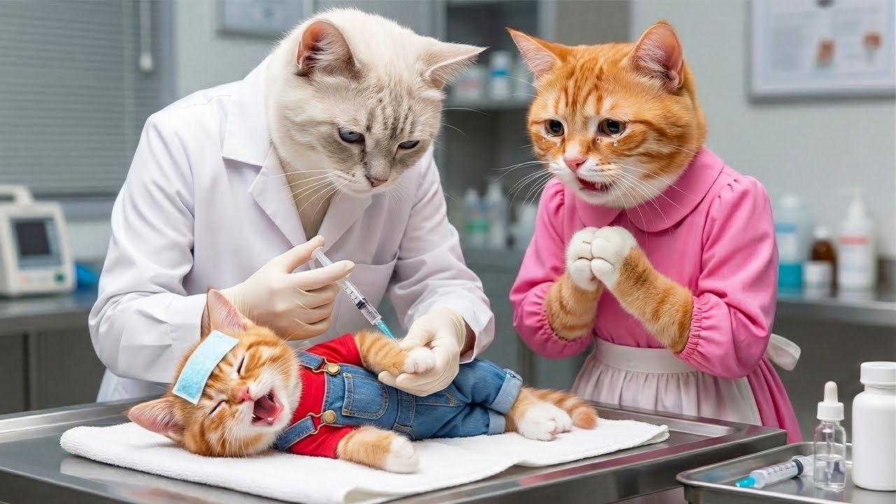 From Worry to Care: Mama Cat Takes Her Kitten to the Vet for a Shot