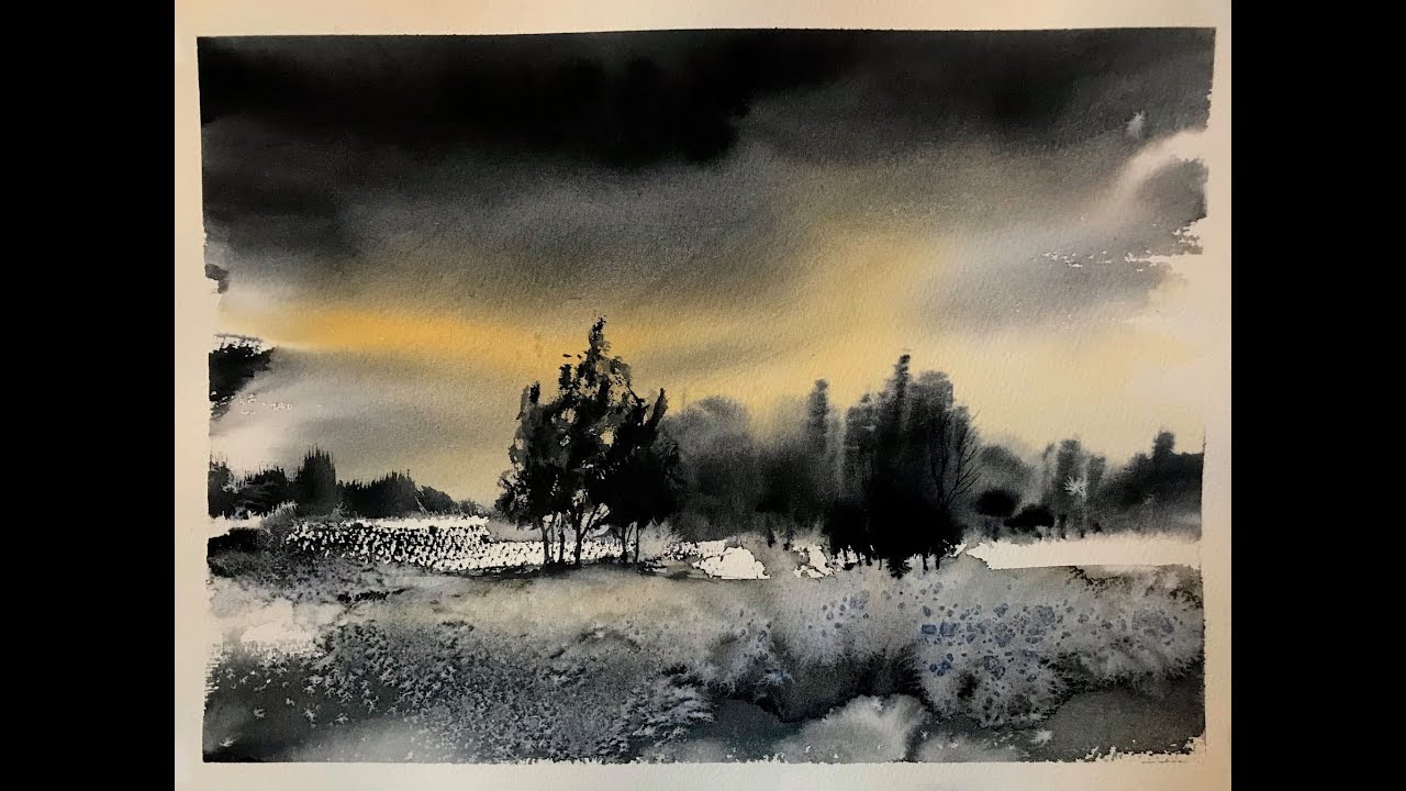 Loose watercolour landscape tutorial using salt & 2 colours, Impressionist watercolor painting, hake