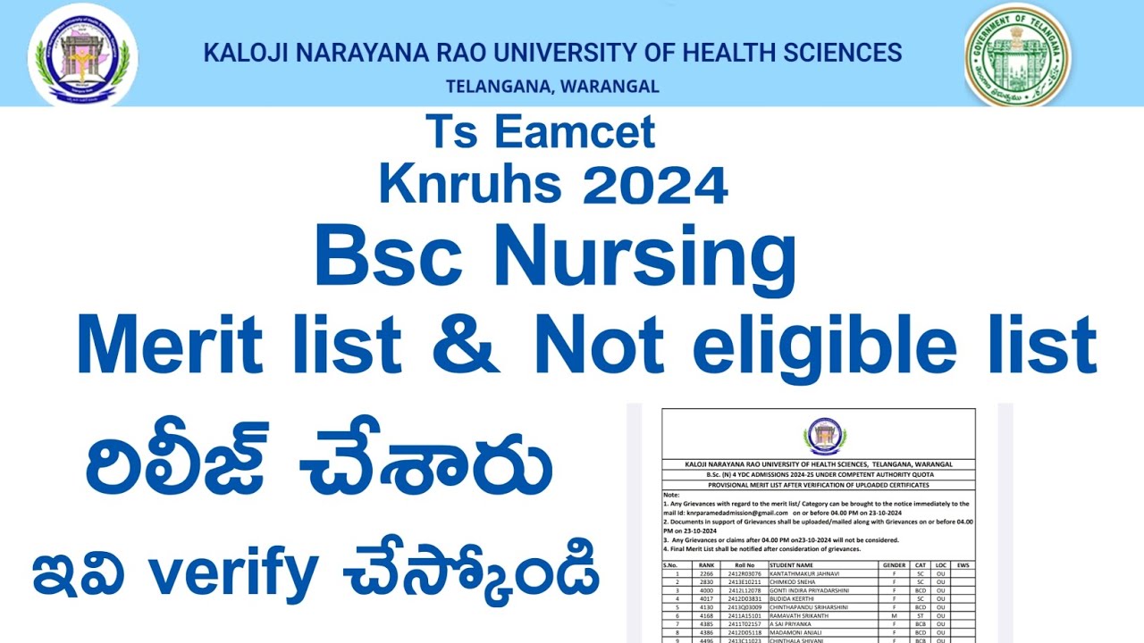 KNRUHS Bsc Nursing Merit list & Not Eligible list Released