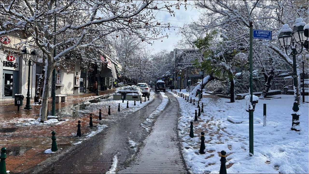 Kifisia snow walk in Athens, Greece