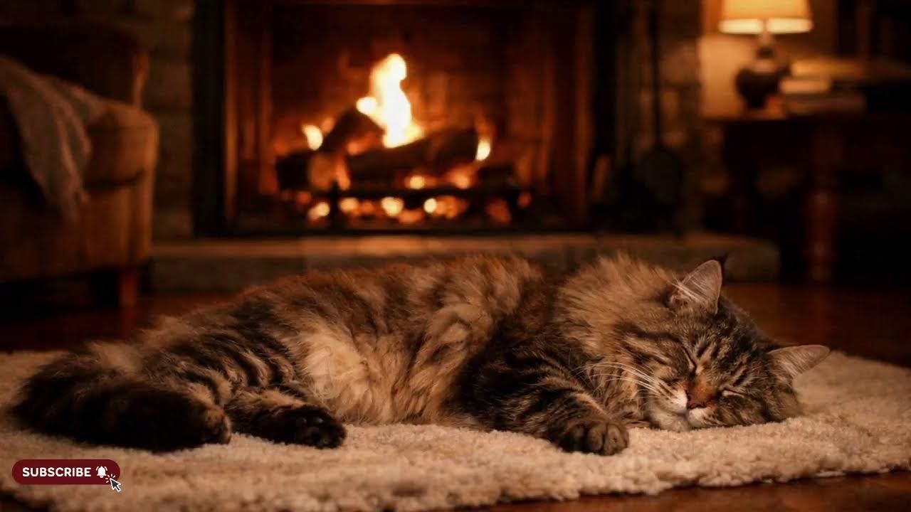 Cozy Sleeping Cat by the Fireplace 🔥 Relaxing Cat Purring Ambience for Sleep