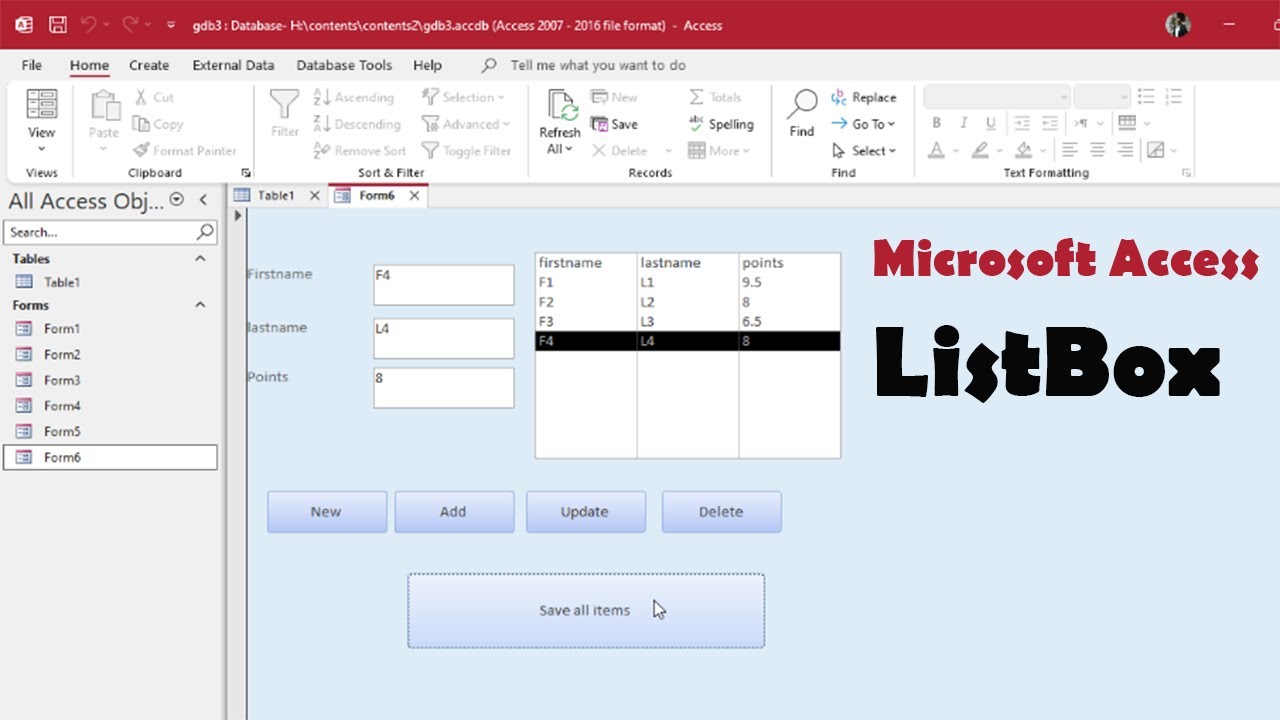 How to add update delete and save all items List box in MS Access database  using VBA