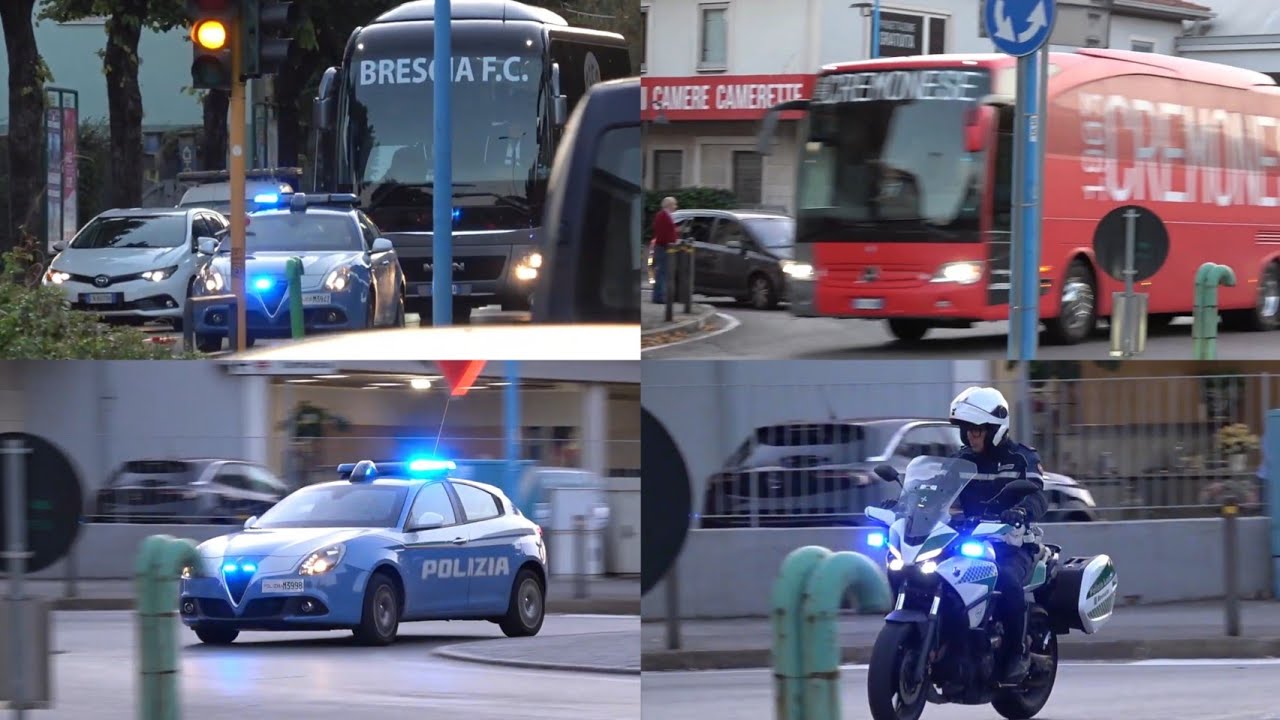 Scorta partita Brescia-Cremonese Scorta Giocatori e tifosi+Polizia in sirena+celere in emergenza