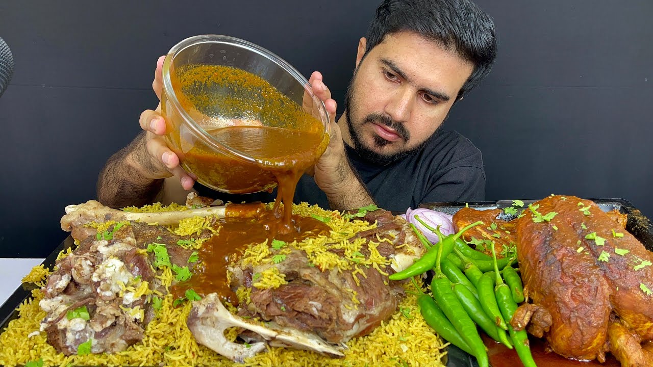 ASMR; Eating Spicy Mutton Leg biryani+Whole Chicken curry with extra spicy gravy+Green chillies