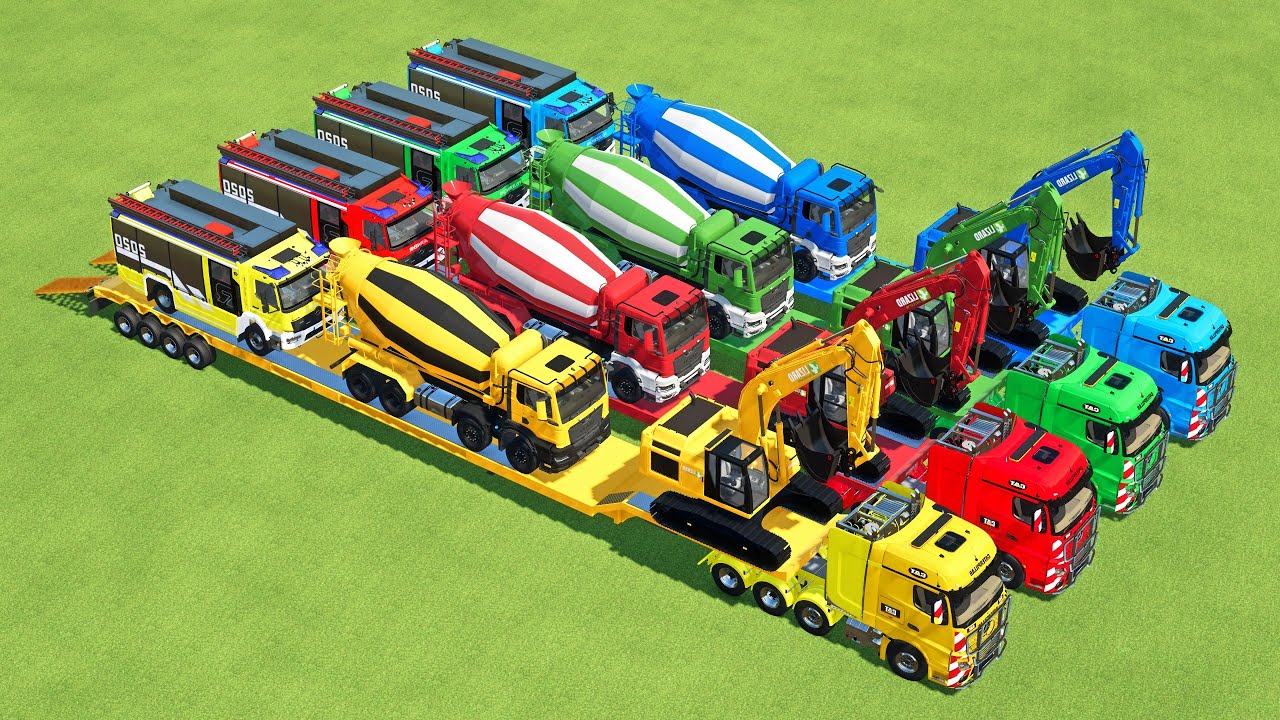 TRANSPORTING EXCAVATOR, MIXER CEMENT TRUCK, BULLDOZER, FIRE TRUCK TO GARAGE WITH MAN TRUCK - FS22