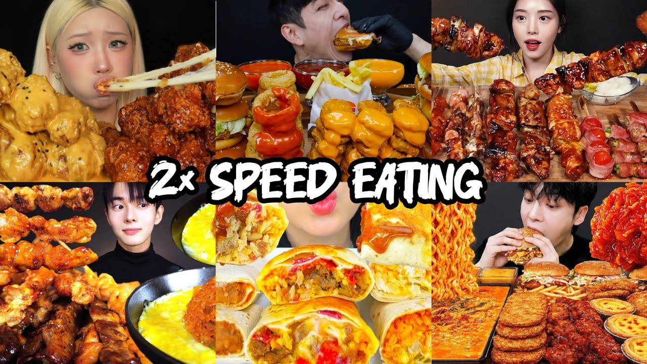 2× SPEED EATING SOUND | MUKBANG COMPILATION | SPICY CHICKEN, BURGER, TACO, BBQ SKEWERS, MUKBANG 