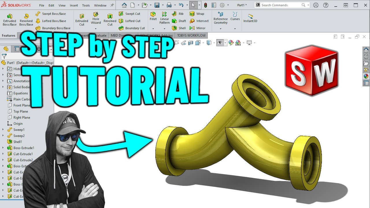 Учебное пособие SolidWorks — Y-образный фланец трубопровода — эскиз компоновки, функция «Потянуть...