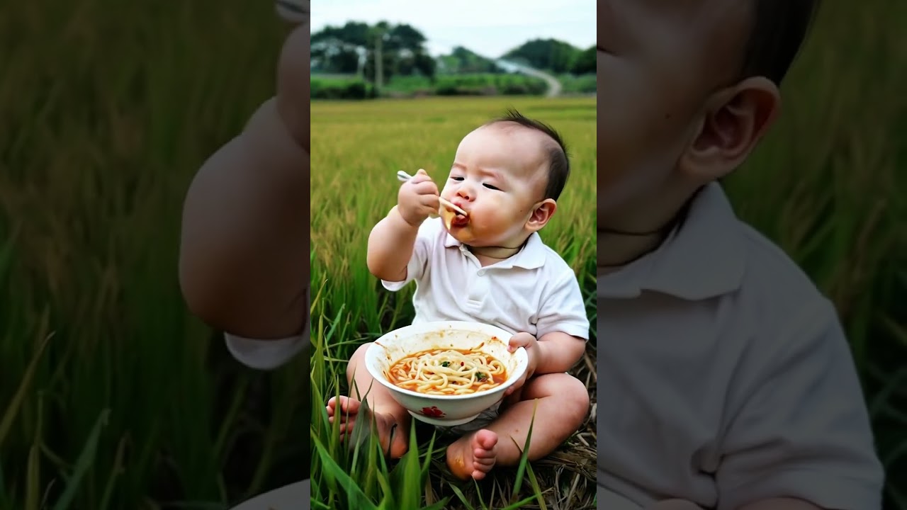 The noodles cooked by mother are so delicious to the baby. The adults are working in the fields, a