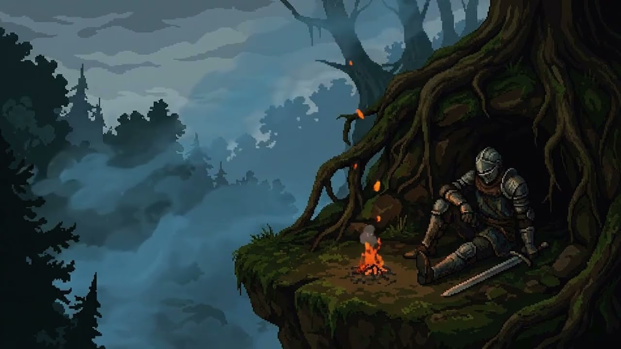 Calm Anxious Mind | Foggy Forest Campfire - Medieval Rain Ambience