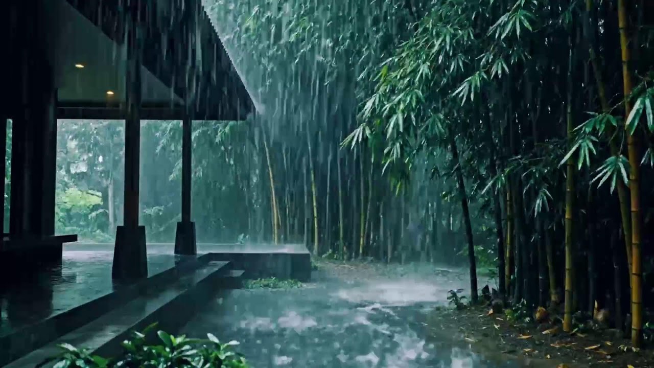 Relaxing ASMR of Heavy Rain Near Home Terrace Surrounded by Green Bamboo for Better Sleep 30