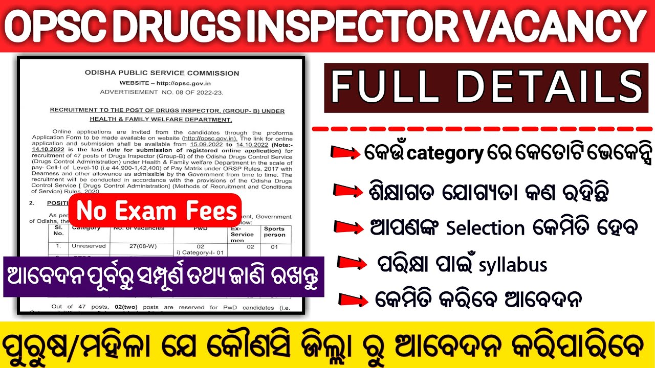 OPSC Drugs Inspector Vacancy 2022 I OPSC New Vacancy I Eligibility Criteria Full details I