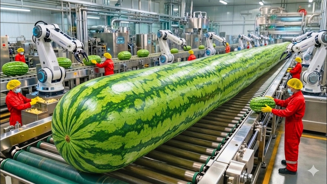 На высокотехнологичном заводе по переработке арбузов 🍉 | От фрукта до сока (полный процесс)#Перер...