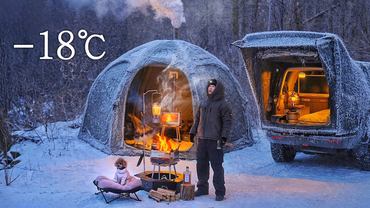 -18℃ Кемпинг в снежном поле с моей собакой . Надувная палатка с обогревателем . Дровяная печь ASMR