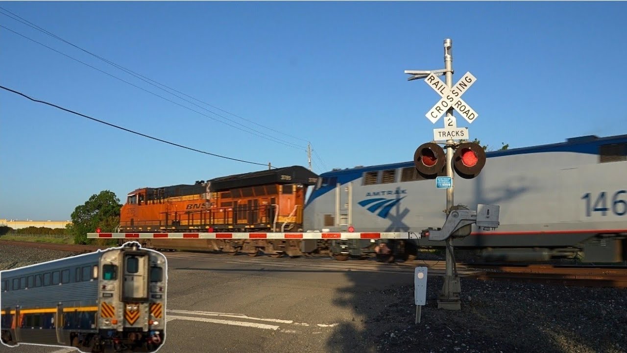 Amtrak C 522 & BNSF 3785 Led Coast Starlight 11 |New Bell Seq* Vaughn Rd. Railroad Crossing Dixon CA