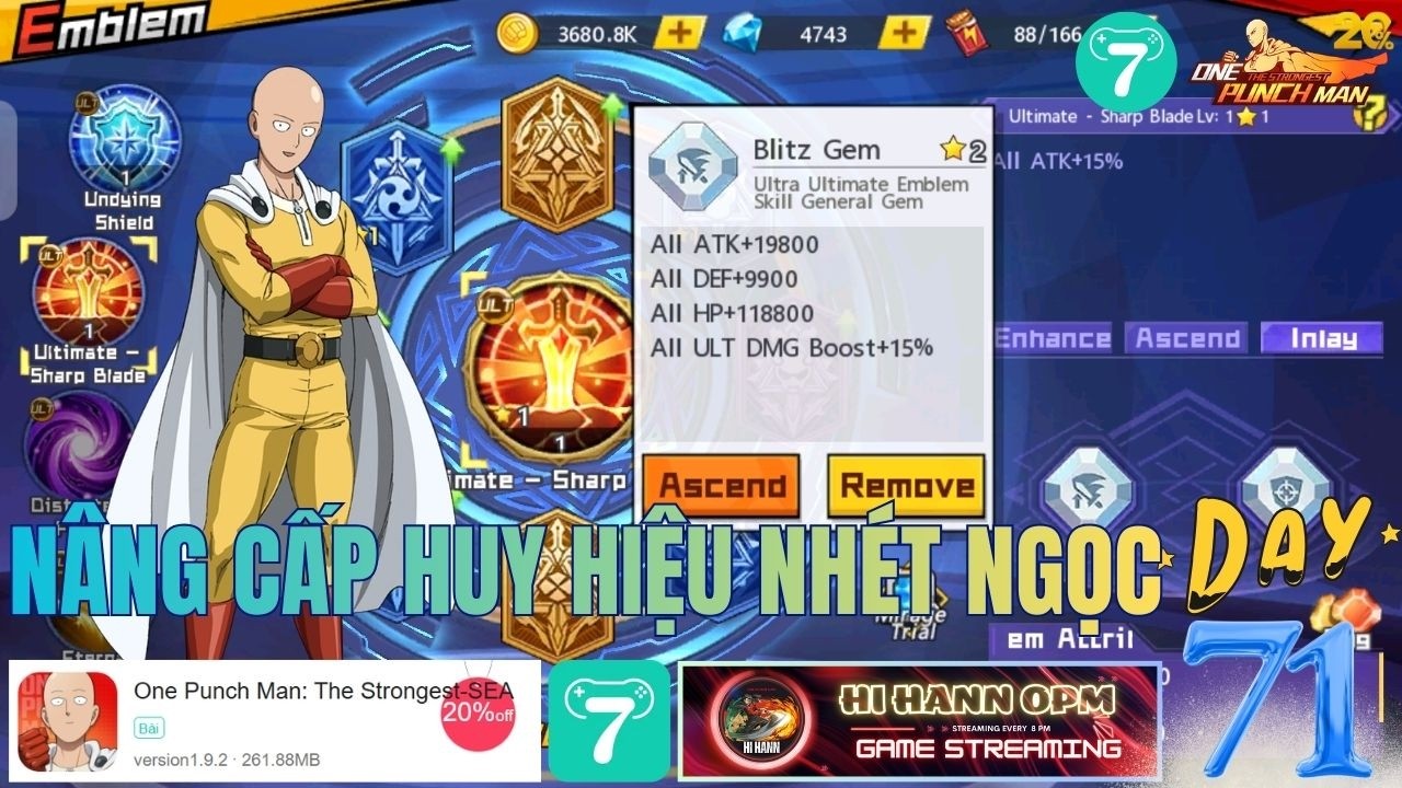 Mở Khóa & Nâng Cấp Tính Năng Emblem V2 Lên Lc Quá Ảo ĐÁ - Companion One Punch Man X7Game SEA Day 71