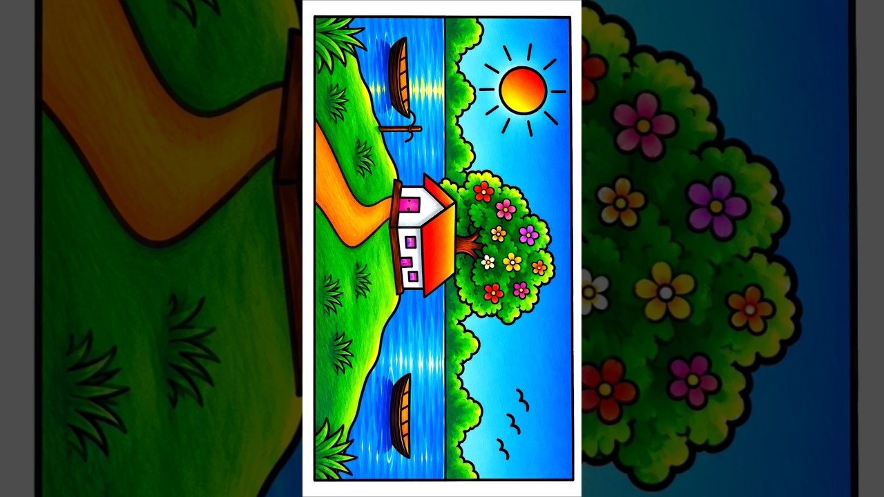 Easy River Scenery drawing with Boat | Beautiful Village Landscape Drawing Step by Step | ছবি আঁকা