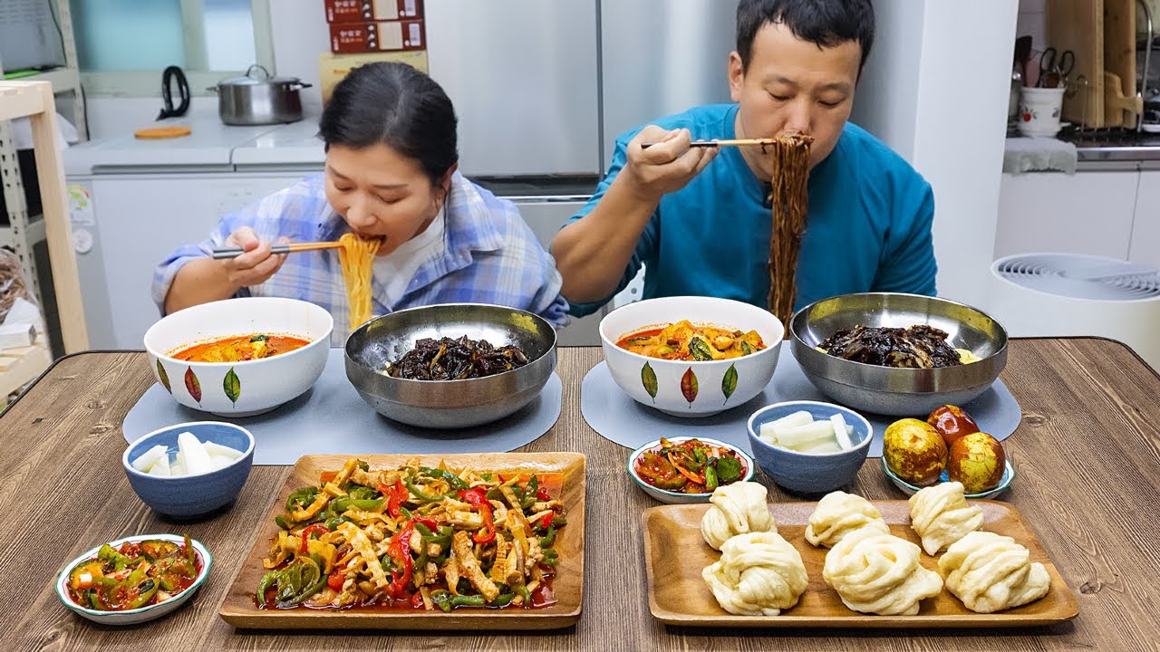 Домашний Чачжанмён🍜 (лапша с черной фасолью), Чамппонг, Чапче с перцем чили (гочу чапче) МУКБАН