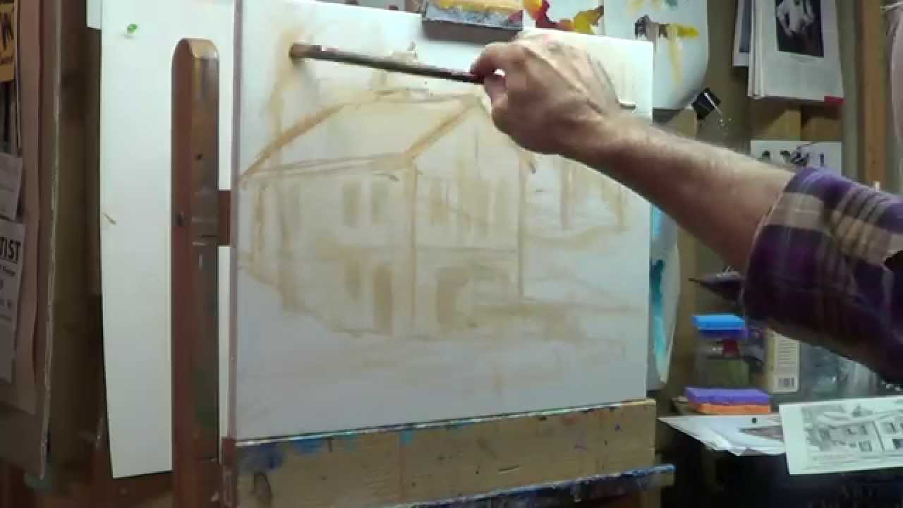 Oil painting demo. Drawing. Wipe off bad start. Boat house commission