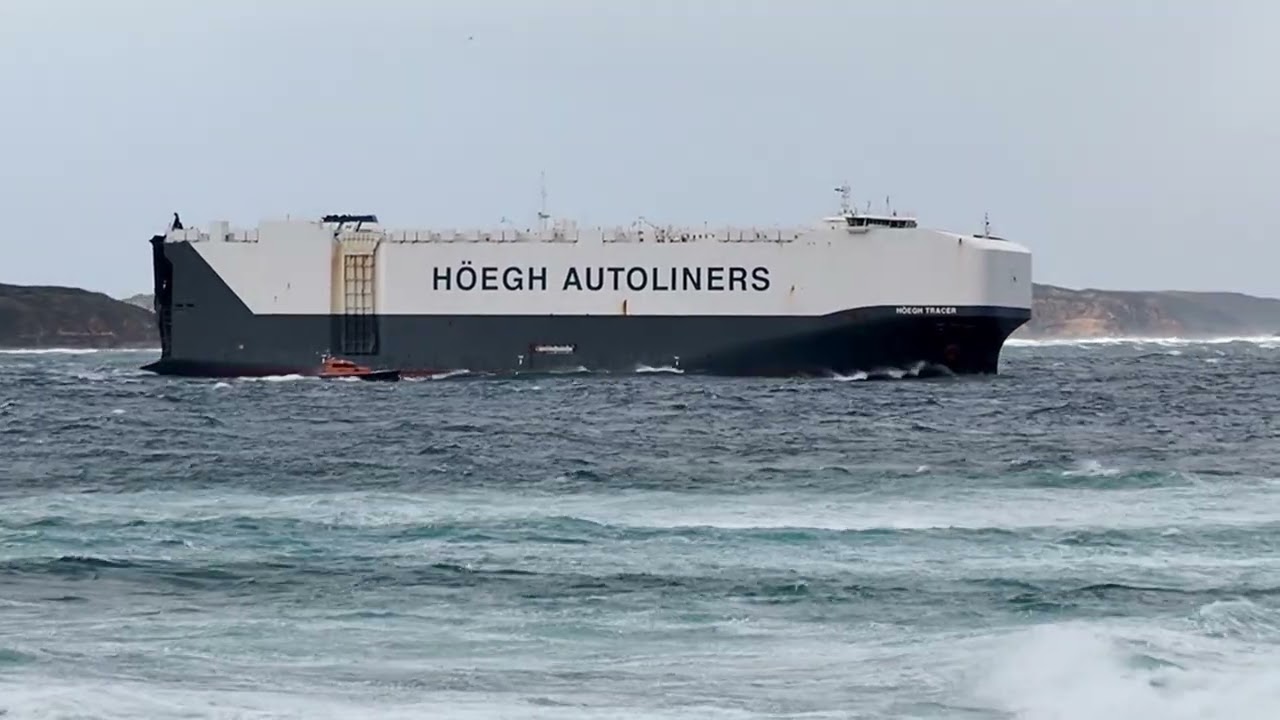 A wet and windy day for the Hoegh Tracer to leave seen off Point Lonsdale, Victoria, Australia.
