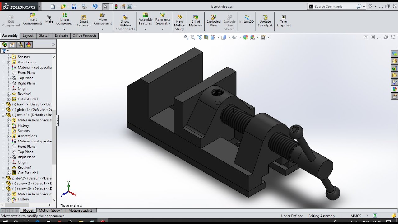 BENCH VICE assembly design on solid work. !! MOTION simulation of bench vice.