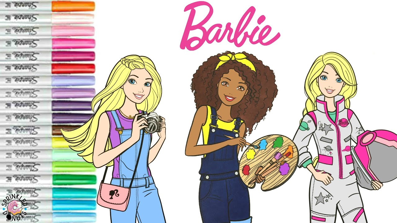 Barbie and Friends Coloring Book Page Astronaut Barbie Artist Nikki and Photographer Barbie Career