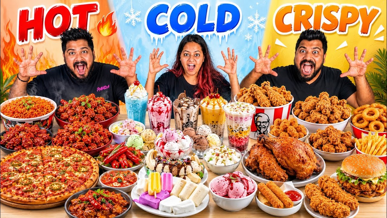 HOT🔥 Vs COLD🥶 Vs CRISPY🤤FOOD CHALLENGE😱/PAV BHAJI,PIZZA,FRIED CHICKEN, NOODLES,ICE CREAM,FALOODA😍