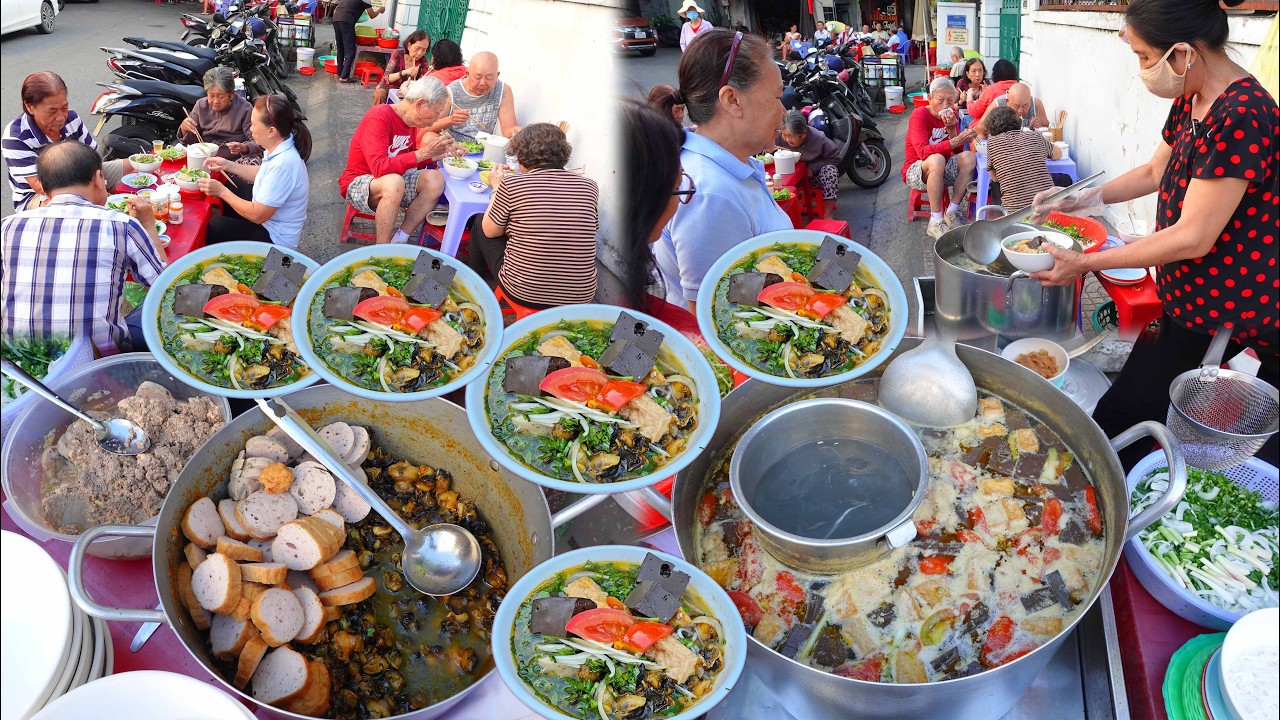 Nồi bún riêu vỉa hè sạch sẽ như nhà hàng rau rửa từng nhóm một chén đủa rửa xong phơi nắng