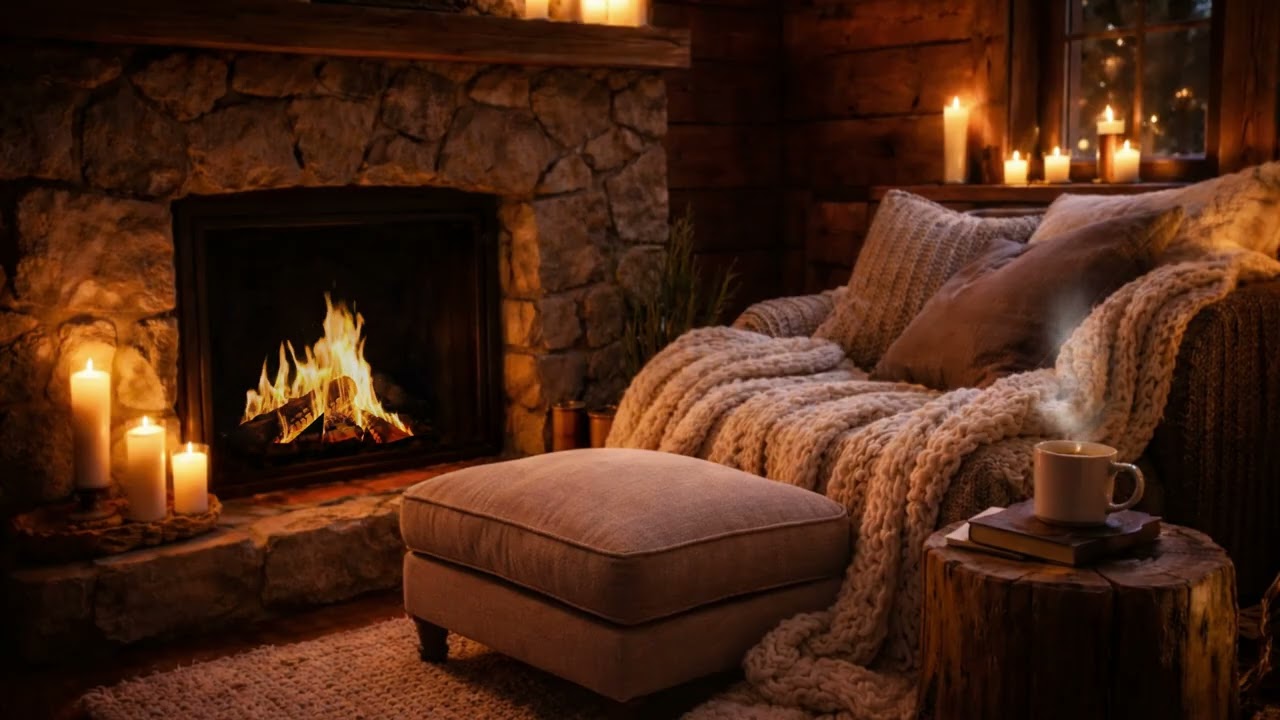 A Warm Night by the Fireplace | Cozy Cabin Candlelight Ambience