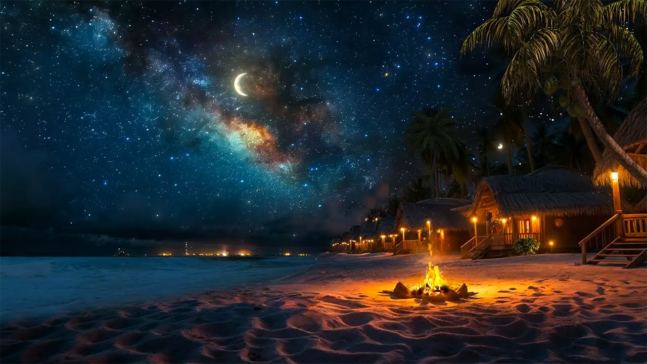 🌴 Island Escape Bliss | Calming Ocean Sounds, Crackling Fire & Tropical Night Ambience for Deep Rest