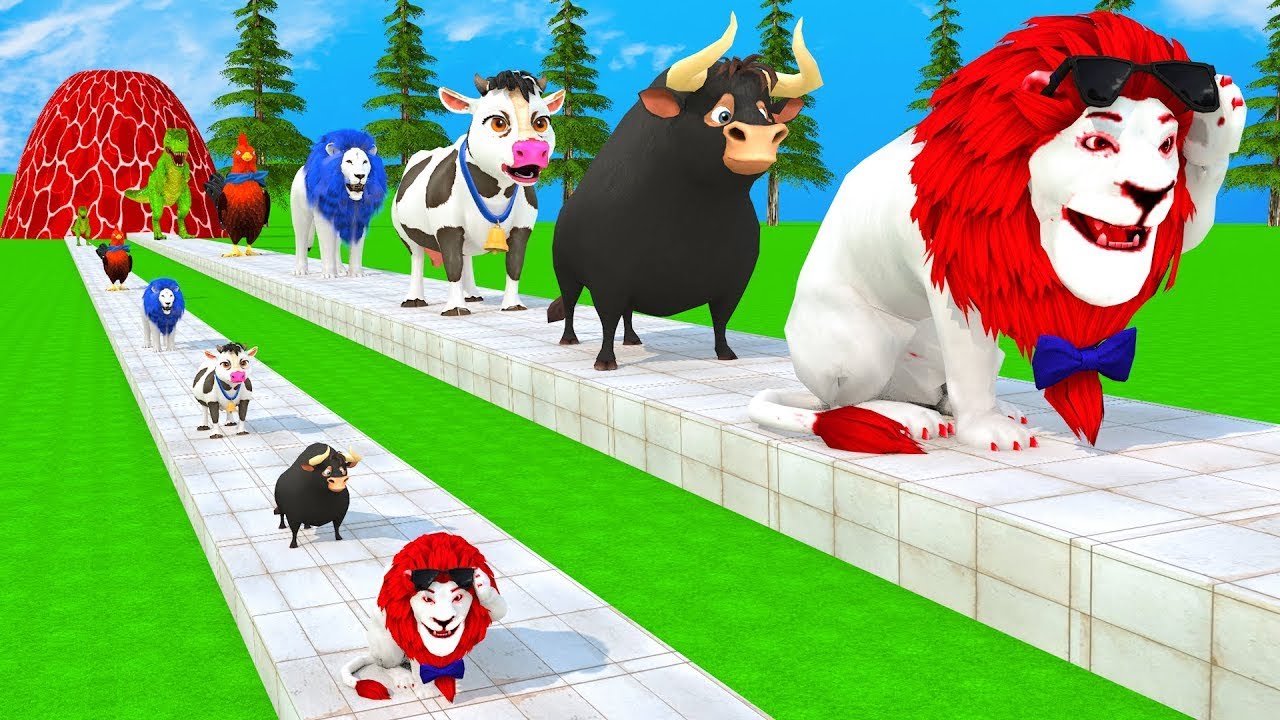 Paint & Animals Cow,Gorilla,Elephant,Giraffe,Tiger,Lion, Fountain Crossing Transformation Cartoon