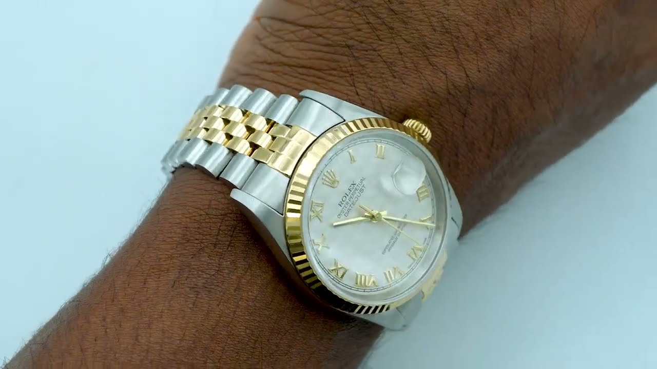 Rolex 16233 Datejust 36mm 18K Yellow Gold Fluted Bezel Ivory Dial Jubilee Bracelet Complete Set 2000