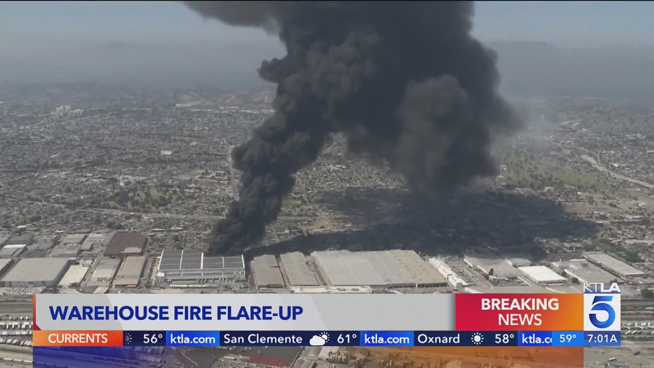 Smoke from Boyle Heights warehouse fire continues to blow over downtown Los Angeles