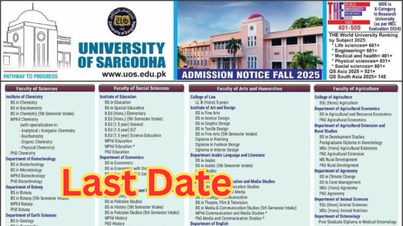 Sargodha University Admission 2025 Last Date | BS, BS 5th Admission 2025 | UOS Admission 2025