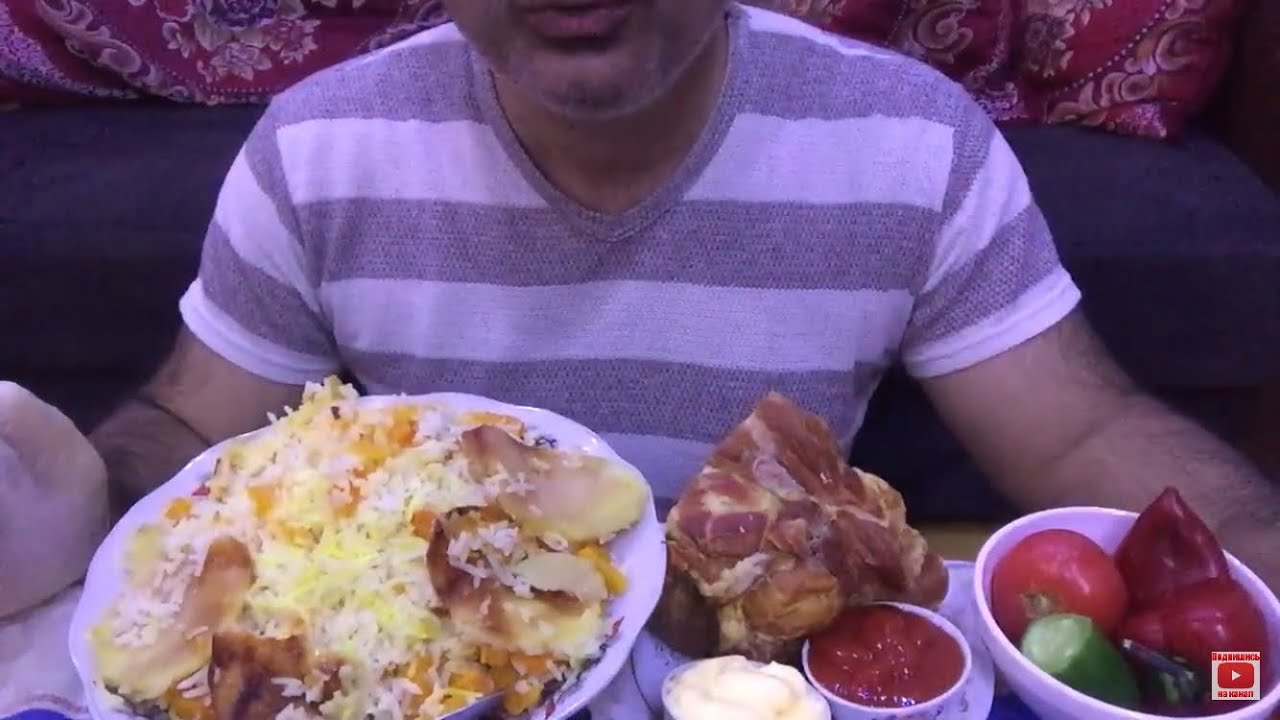 ASMR pumpkin pilaf with potatoes, smoked pork neck, fresh salad, homemade compote and bell pepper