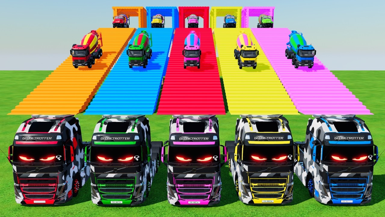 Garage with Colors - ALL MIXER TRUCK WITH DOUBLE FLATBED TRAILER TRUCK, DAF, VOLVO, FREIGHTLINER #76