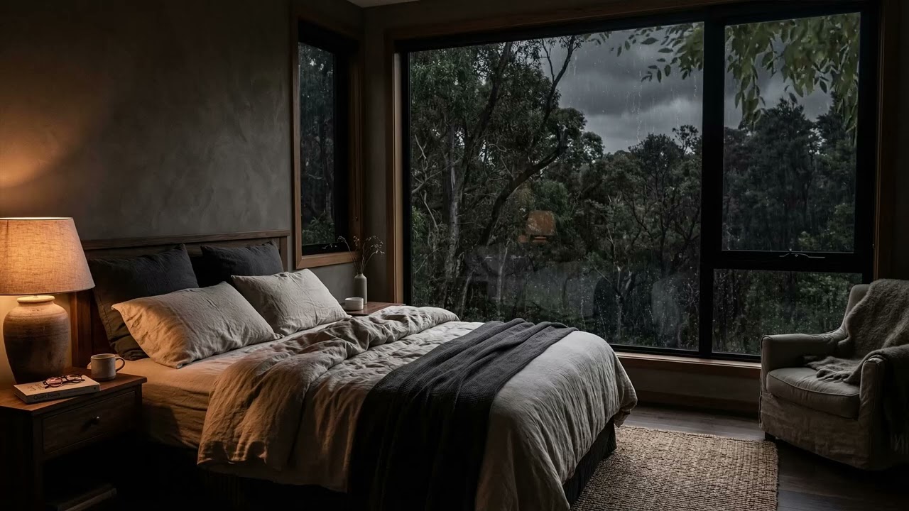 Soft Night Rain Tapping On The Bedroom Window While A Warm Bed Invites You Into Peaceful Sleep