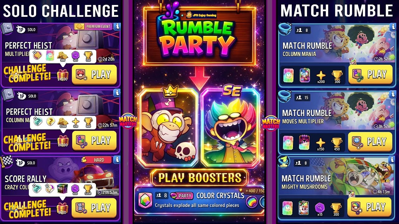 (PARTY+3 Solo+3 Rumble) Multiplier Mushrooms/ Column Mania/ (HARD)Crazy Columns/ Moves Multiplier 
