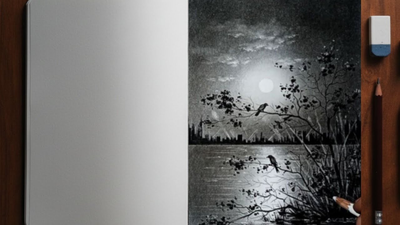 🌙 Moonlit Silence | Night Scenery Charcoal Art ✨ #charcoaldrawing #sketch #art