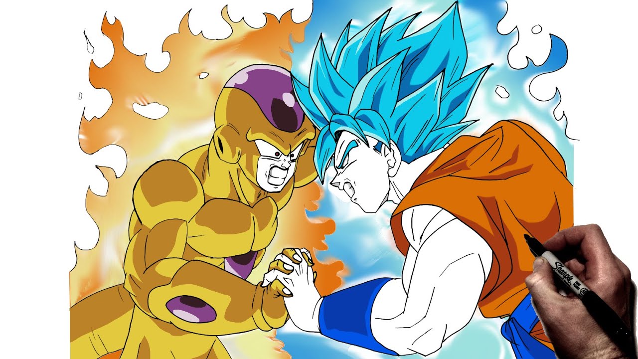 How To Draw Goku SSJ Blue Vs Golden Frieza | Step by Step | Dragnball